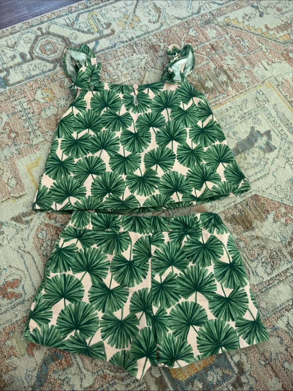 Janie and Jack Pink & Green Palm-Leaf Ruffle Strap Shorts Set